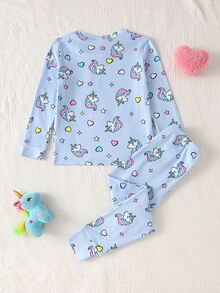 2pcs/Set Girls Knit Round Neck Fitted Set, Blue Long Sleeve Top & Pants, Cartoon Cute Colorful Unicorn & Heart Fluorescent Print, Casual Comfortable Soft Minimalist Loungewear, Spring/Autumn - Blue - View 2