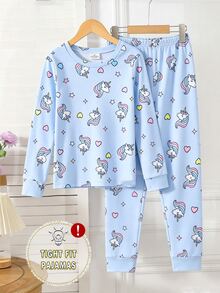 2pcs/Set Girls Knit Round Neck Fitted Set, Blue Long Sleeve Top & Pants, Cartoon Cute Colorful Unicorn & Heart Fluorescent Print, Casual Comfortable Soft Minimalist Loungewear, Spring/Autumn - Blue - View 4