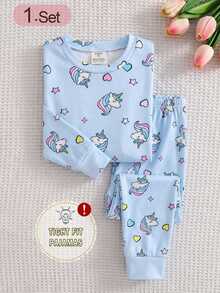 2pcs/Set Girls Knit Round Neck Fitted Set, Blue Long Sleeve Top & Pants, Cartoon Cute Colorful Unicorn & Heart Fluorescent Print, Casual Comfortable Soft Minimalist Loungewear, Spring/Autumn - Blue - View 7
