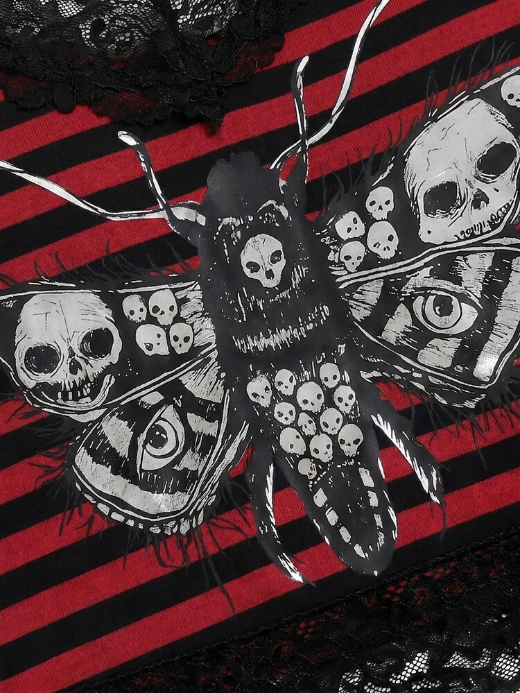 Y2Kool Robin Red & Black Colorblock Gradient Lace Patchwork Bee Skull Silver Foil Print Halloween Y2K Punk Dark Street Style Women's Fitted Cropped Tank Top Set, Suitable For Spring/Summer Parties, Holiday, Island Vacation, Music Festival, EDM Festival, Daily Wear, Halloween Cosplay - Multicolor - View 3