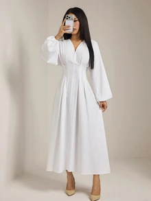 SHEIN PETITE 女款純色V領長袖收腰優雅長洋裝 - 白色 - 查看 5