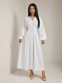 SHEIN PETITE 女款純色V領長袖收腰優雅長洋裝 - 白色 - 查看 3