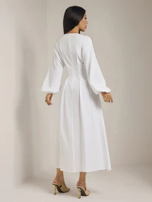SHEIN PETITE 女款純色V領長袖收腰優雅長洋裝 - 白色 - 查看 2