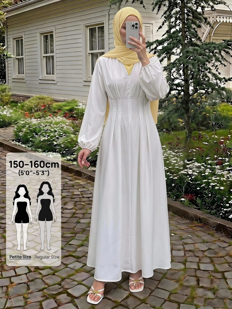 SHEIN PETITE Women's Elegant Modest White Cinched Waist V-Neck Lantern Sleeve Pleated A-Line Mid-Length Dress Fall Brunch Graduation For Wedding Guest Garden Party - White - View 1