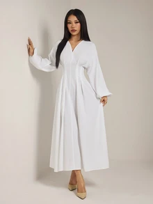 SHEIN PETITE 女款純色V領長袖收腰優雅長洋裝 - 白色 - 查看 4
