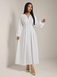 SHEIN PETITE 女款純色V領長袖收腰優雅長洋裝 - 白色 - 查看 7