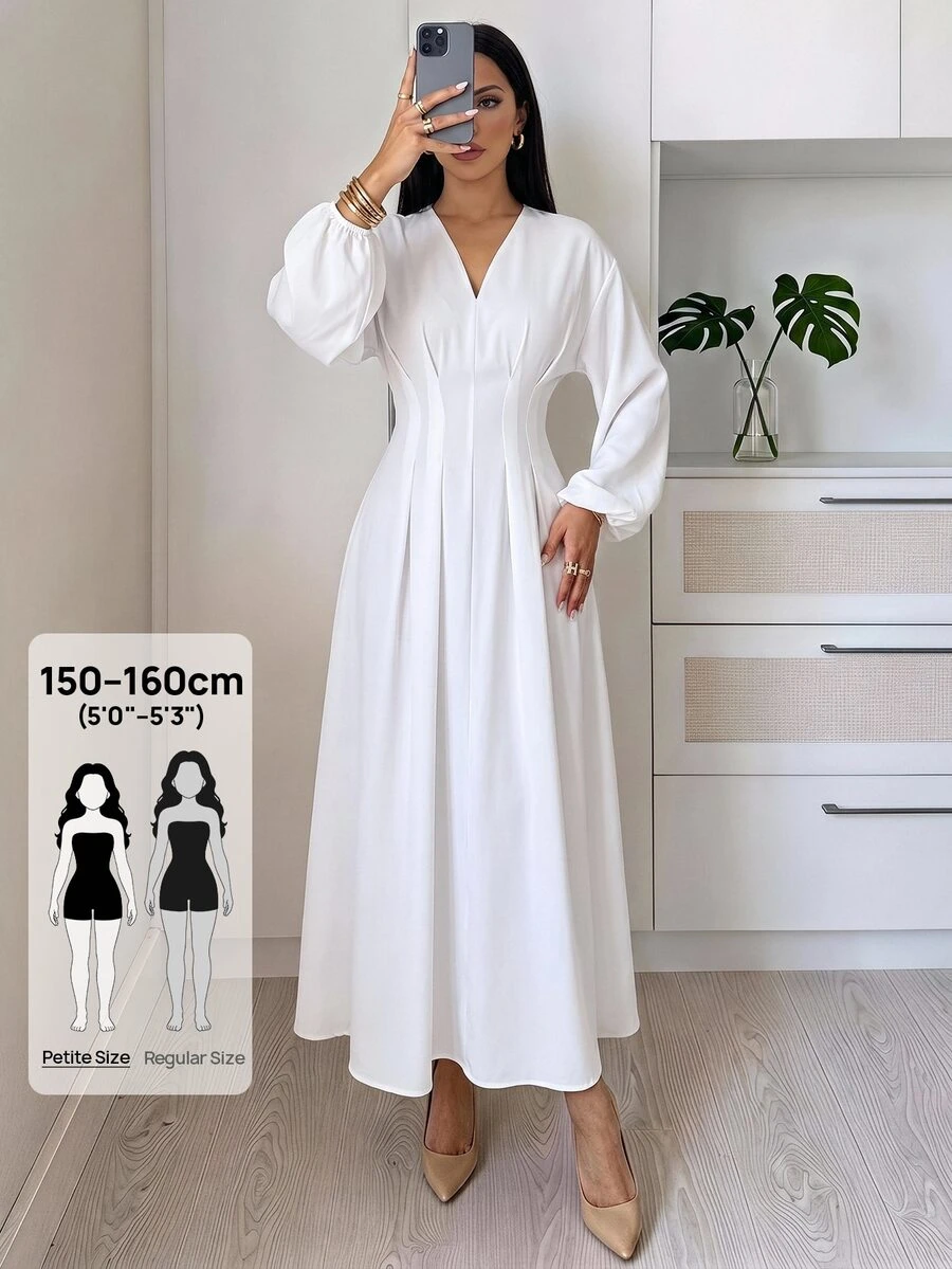 SHEIN PETITE 女款純色V領長袖收腰優雅長洋裝 - 白色 - 查看 1