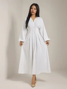 SHEIN PETITE 女款純色V領長袖收腰優雅長洋裝 - 白色 - 查看 6