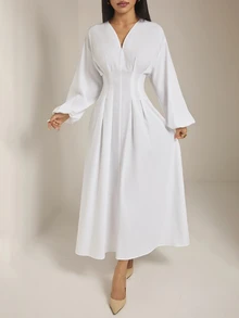 SHEIN PETITE 女款純色V領長袖收腰優雅長洋裝 - 白色 - 查看 8