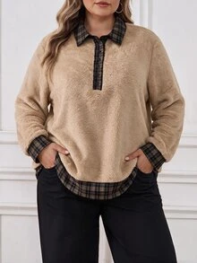 SHEIN CURVE+ Plus Size Women's Colorblock Casual Everyday Long Sleeve Sweatshirt - Multicolor - View 9