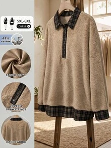 SHEIN CURVE+ Plus Size Women's Colorblock Casual Everyday Long Sleeve Sweatshirt - Multicolor - View 1