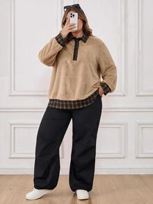 SHEIN CURVE+ Plus Size Women's Colorblock Casual Everyday Long Sleeve Sweatshirt - Multicolor - View 6