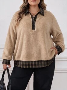 SHEIN CURVE+ Plus Size Women's Colorblock Casual Everyday Long Sleeve Sweatshirt - Multicolor - View 8