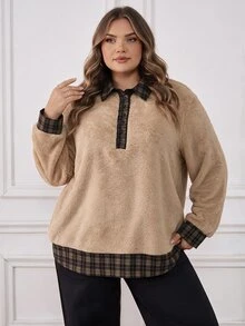 SHEIN CURVE+ Plus Size Women's Colorblock Casual Everyday Long Sleeve Sweatshirt - Multicolor - View 5
