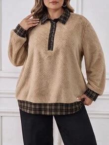 SHEIN CURVE+ Plus Size Women's Colorblock Casual Everyday Long Sleeve Sweatshirt - Multicolor - View 4