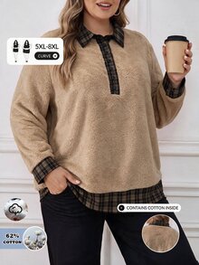SHEIN CURVE+ Plus Size Women's Colorblock Casual Everyday Long Sleeve Sweatshirt - Multicolor - View 3