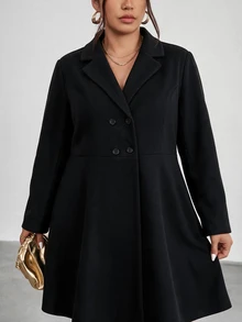 SHEIN CURVE+ Plus Size Women's Solid Color Lapel Neck Double-Breasted Long Sleeve Overcoat Winter - Black - View 7
