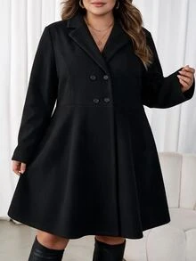 SHEIN CURVE+ Plus Size Women's Solid Color Lapel Neck Double-Breasted Long Sleeve Overcoat Winter - Black - View 8