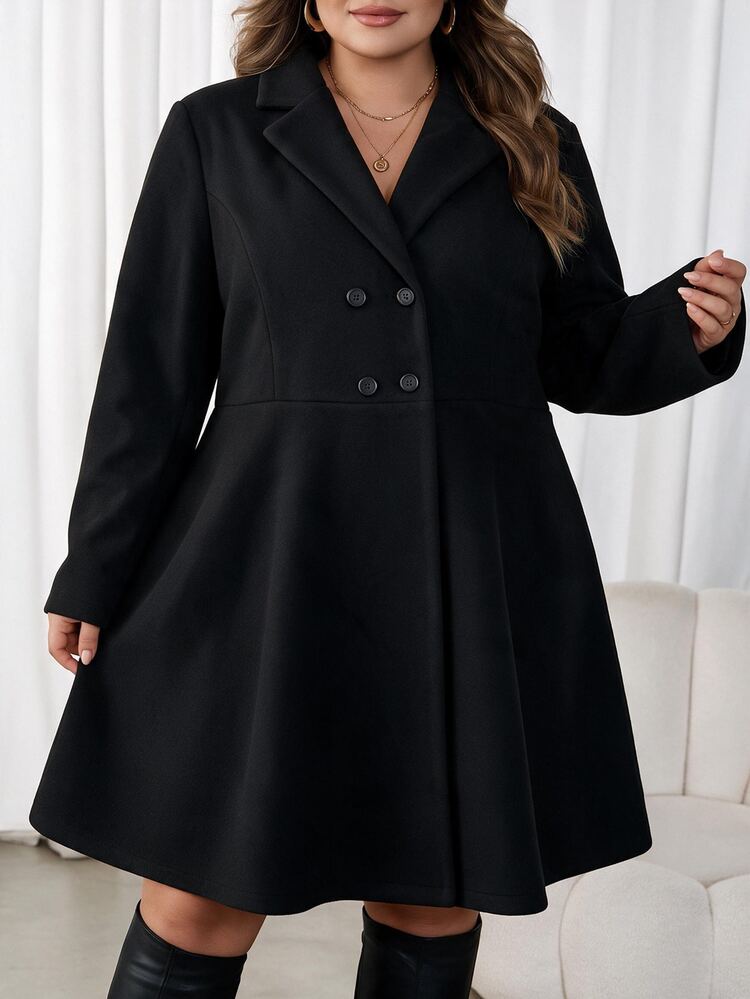 SHEIN CURVE+ 大尺碼女款純色翻領雙排扣長袖大衣 冬季 - 黑色 - 查看 8