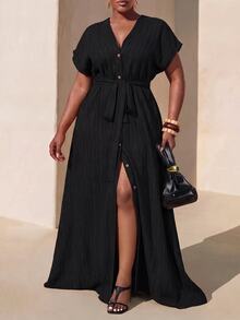 Zivah Plus Size Women's Summer Versatile Casual All-Match Beach Elegant Ruffle Tie Front Short Sleeve Dress - Black - View 1