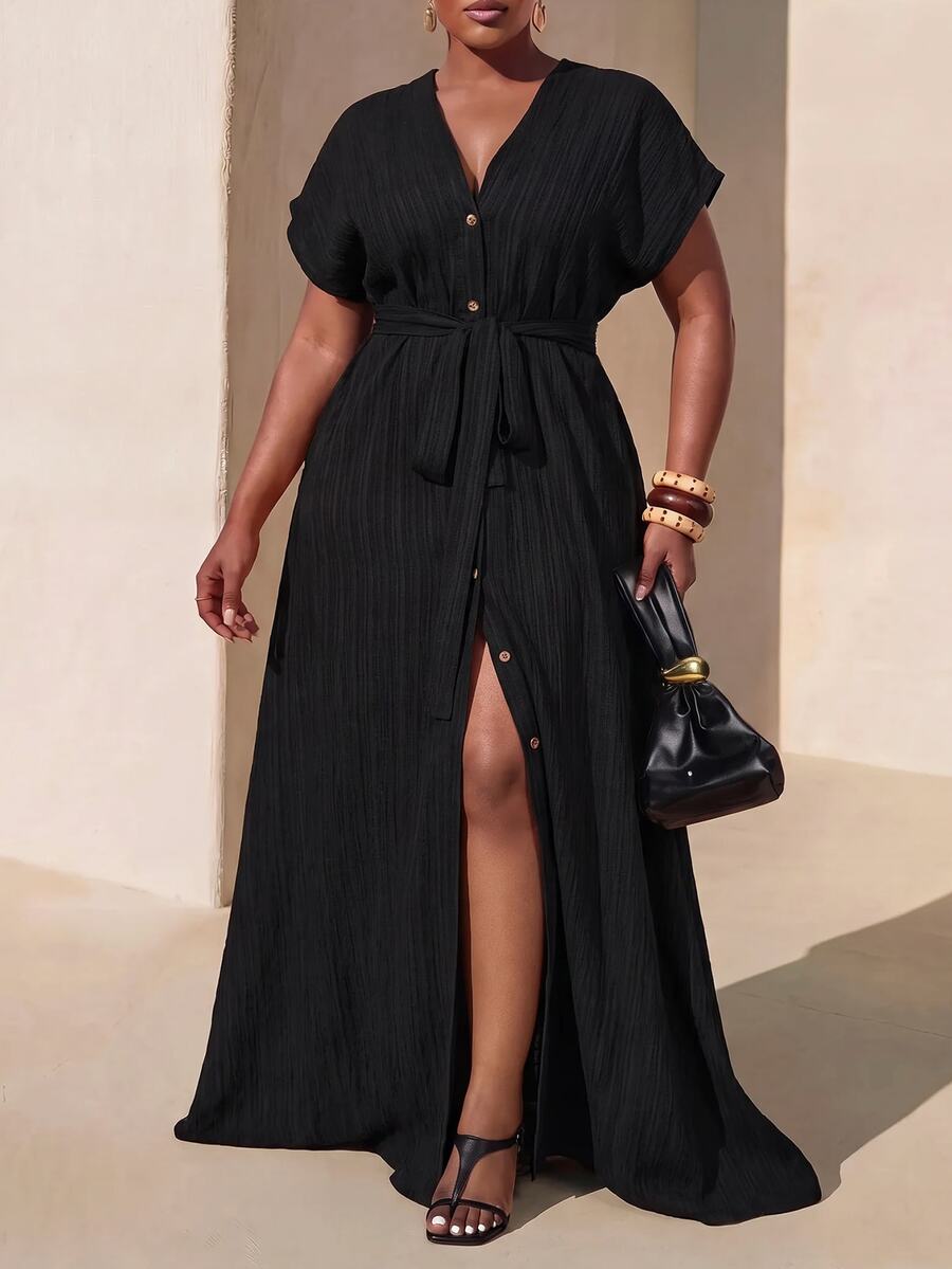 Zivah Plus Size Women's Summer Versatile Casual All-Match Beach Elegant Ruffle Tie Front Short Sleeve Dress - Black - View 1