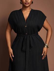 Zivah Plus Size Women's Summer Versatile Casual All-Match Beach Elegant Ruffle Tie Front Short Sleeve Dress - Black - View 9