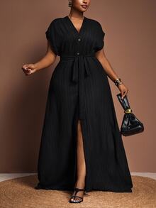 Zivah Plus Size Women's Summer Versatile Casual All-Match Beach Elegant Ruffle Tie Front Short Sleeve Dress - Black - View 3