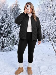 SHEIN CURVE+ Jaket Baseball Kasual Lengan Panjang Hitam Ukuran Besar dengan Resleting, Mantel Musim Gugur Hangat Berlapis Sederhana untuk Perjalanan Harian - Hitam - View 5