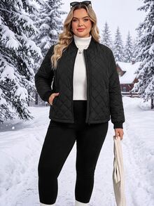 SHEIN CURVE+ Jaket Baseball Kasual Lengan Panjang Hitam Ukuran Besar dengan Resleting, Mantel Musim Gugur Hangat Berlapis Sederhana untuk Perjalanan Harian - Hitam - View 4