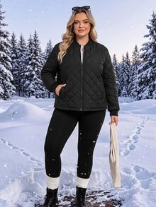 SHEIN CURVE+ Jaket Baseball Kasual Lengan Panjang Hitam Ukuran Besar dengan Resleting, Mantel Musim Gugur Hangat Berlapis Sederhana untuk Perjalanan Harian - Hitam - View 2