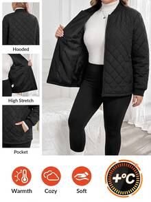 SHEIN CURVE+ Jaket Baseball Kasual Lengan Panjang Hitam Ukuran Besar dengan Resleting, Mantel Musim Gugur Hangat Berlapis Sederhana untuk Perjalanan Harian - Hitam - View 1