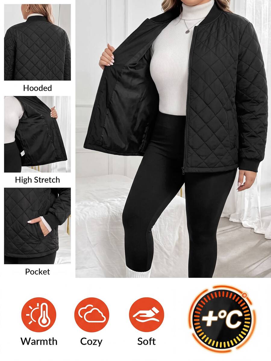 SHEIN CURVE+ Jaket Baseball Kasual Lengan Panjang Hitam Ukuran Besar dengan Resleting, Mantel Musim Gugur Hangat Berlapis Sederhana untuk Perjalanan Harian - Hitam - View 1