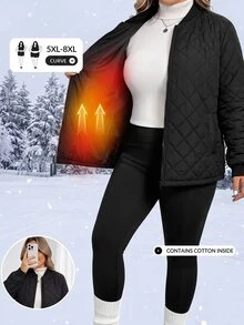 SHEIN CURVE+ Jaket Baseball Kasual Lengan Panjang Hitam Ukuran Besar dengan Resleting, Mantel Musim Gugur Hangat Berlapis Sederhana untuk Perjalanan Harian - Hitam - View 3
