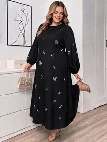 SHEIN CURVE+ Plus Size Round Neck Lantern Sleeve Long Sleeve Floral Print Dress Fall - Multicolor - View 4