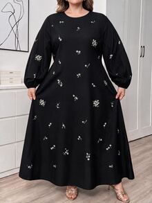 SHEIN CURVE+ Plus Size Round Neck Lantern Sleeve Long Sleeve Floral Print Dress Fall - Multicolor - View 5