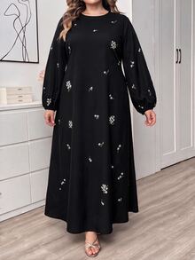 SHEIN CURVE+ Plus Size Round Neck Lantern Sleeve Long Sleeve Floral Print Dress Fall - Multicolor - View 3