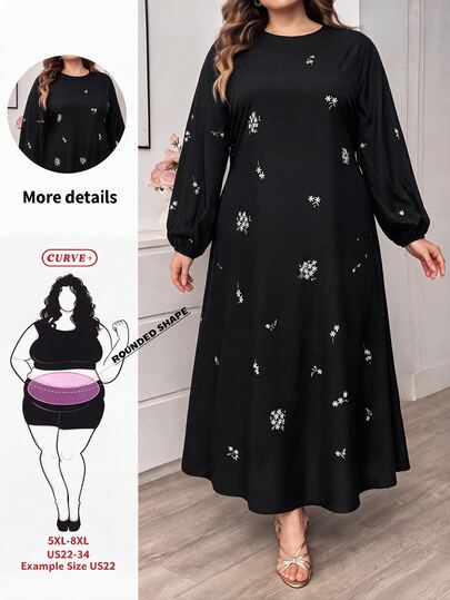 SHEIN CURVE+ Plus Size Round Neck Lantern Sleeve Long Sleeve Floral Print Dress Fall