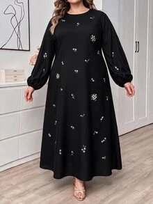 SHEIN CURVE+ Plus Size Round Neck Lantern Sleeve Long Sleeve Floral Print Dress Fall - Multicolor - View 8