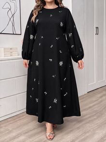 SHEIN CURVE+ Plus Size Round Neck Lantern Sleeve Long Sleeve Floral Print Dress Fall - Multicolor - View 7