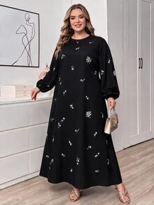 SHEIN CURVE+ Plus Size Round Neck Lantern Sleeve Long Sleeve Floral Print Dress Fall - Multicolor - View 6