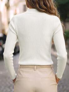 SHEIN New Chinese Style French Elegant Stand Collar Ribbed Knit Top With Traditional Frog Buttons Brunch White And Black Autumn - White - View 2