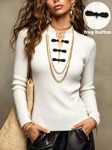 SHEIN New Chinese Style French Elegant Stand Collar Ribbed Knit Top With Traditional Frog Buttons Brunch White And Black Autumn - White - View 7
