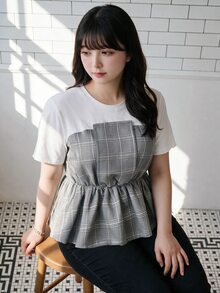 Bijouette Autumn Plus Size Round Neck Mixed Fabric Patchwork Knit Top, Perfect Belly Hiding, Hip Concealing, Slimming, Pear & Apple Shape Friendly, No Tightness - Grey - View 3