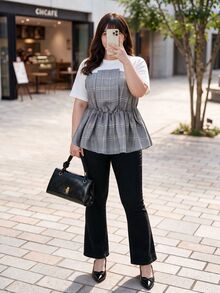 Bijouette Autumn Plus Size Round Neck Mixed Fabric Patchwork Knit Top, Perfect Belly Hiding, Hip Concealing, Slimming, Pear & Apple Shape Friendly, No Tightness - Grey - View 7
