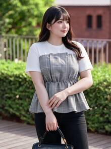 Bijouette Autumn Plus Size Round Neck Mixed Fabric Patchwork Knit Top, Perfect Belly Hiding, Hip Concealing, Slimming, Pear & Apple Shape Friendly, No Tightness - Grey - View 6