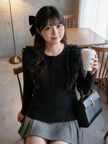 Bijouette Autumn Plus Size Frill Trim Patchwork Knit Top, Round Neck Single-Breasted Slim Fit Flattering Long Sleeve Base Layer Fall - Black - View 3