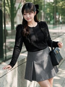 Bijouette Autumn Plus Size Frill Trim Patchwork Knit Top, Round Neck Single-Breasted Slim Fit Flattering Long Sleeve Base Layer Fall - Black - View 7
