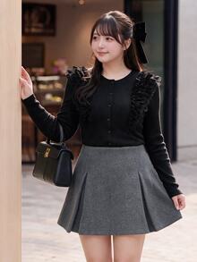 Bijouette Autumn Plus Size Frill Trim Patchwork Knit Top, Round Neck Single-Breasted Slim Fit Flattering Long Sleeve Base Layer Fall - Black - View 6