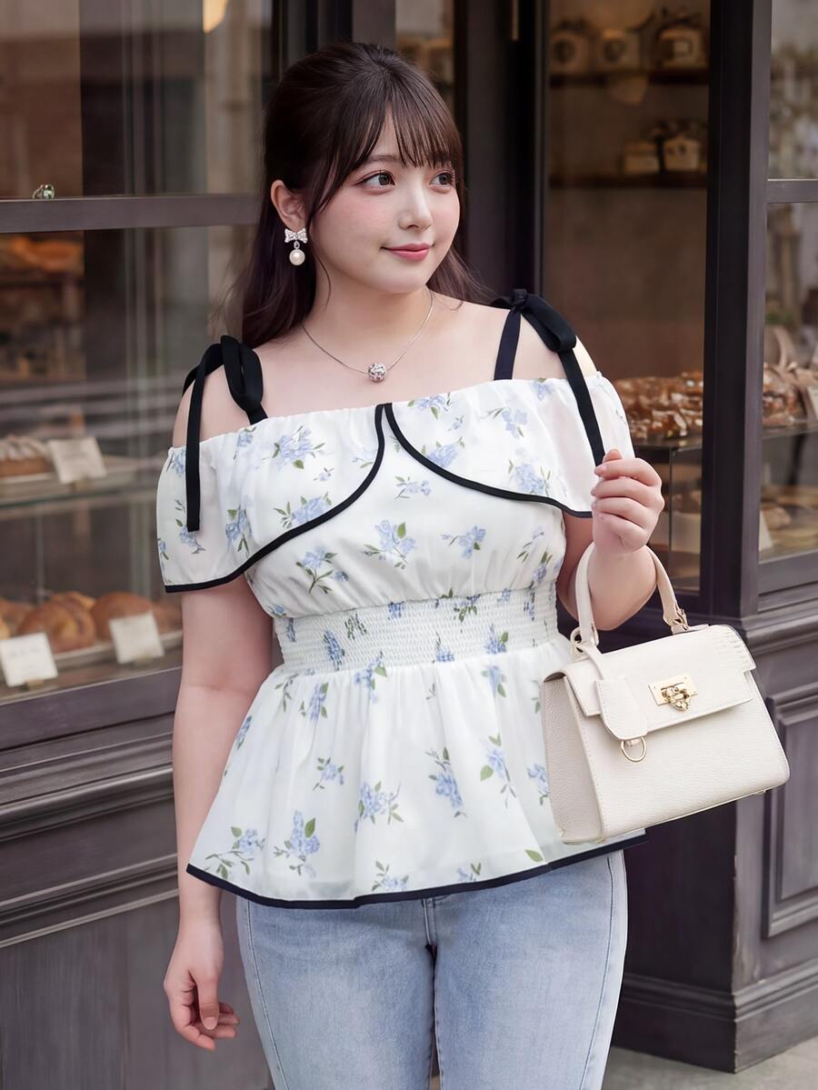 Bijouette Plus Floral Print Contrast Knot Cold Shoulder Cold Shoulder Shirred Waist Peplum Top - Blue and White - View 1