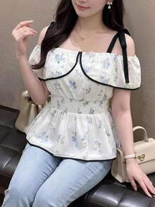 Bijouette Plus Floral Print Contrast Knot Cold Shoulder Cold Shoulder Shirred Waist Peplum Top - Blue and White - View 9